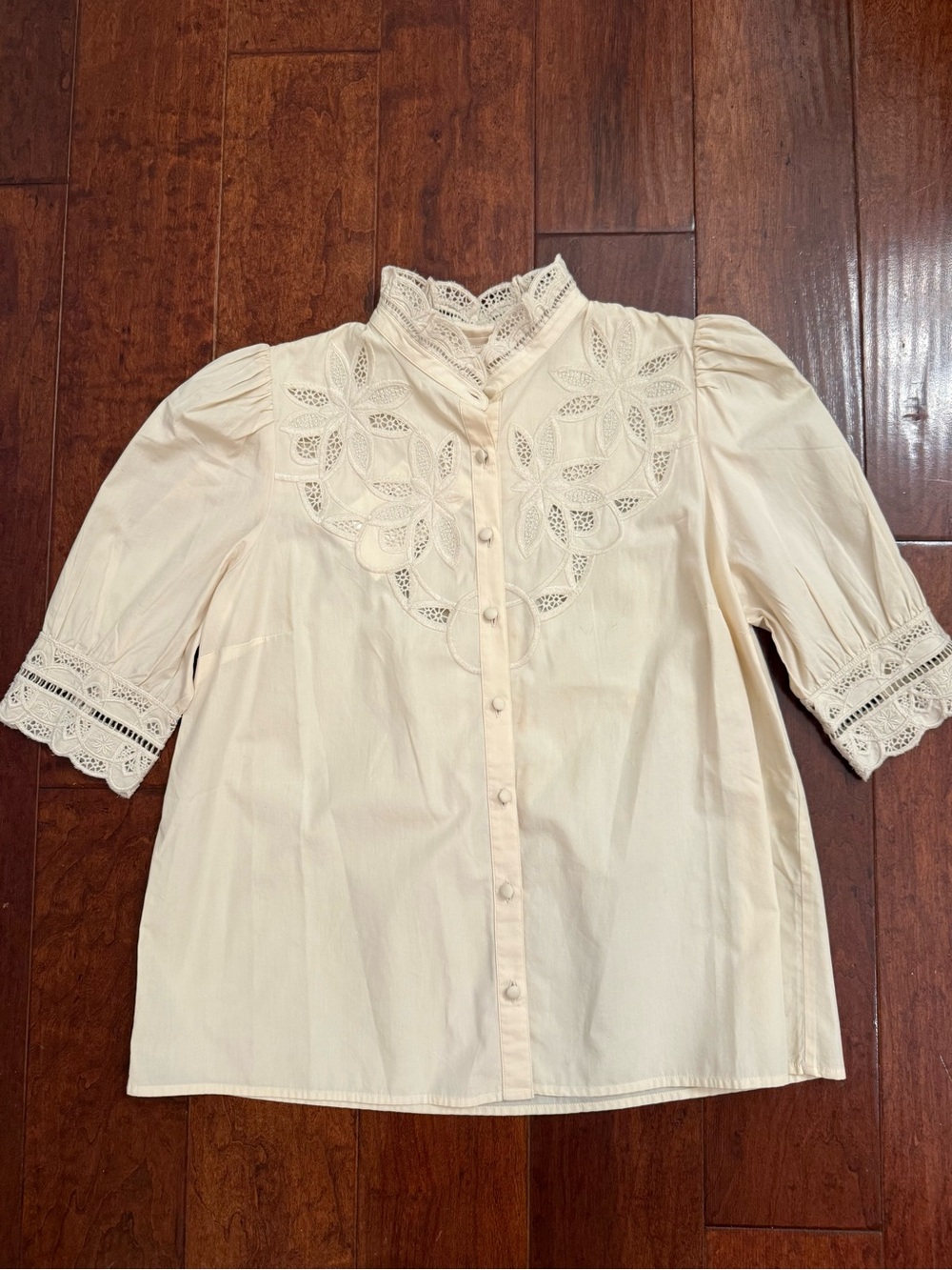 Sezane Cream Embroidered Lace Yoke Button-Down Blouse Chemise Bertille